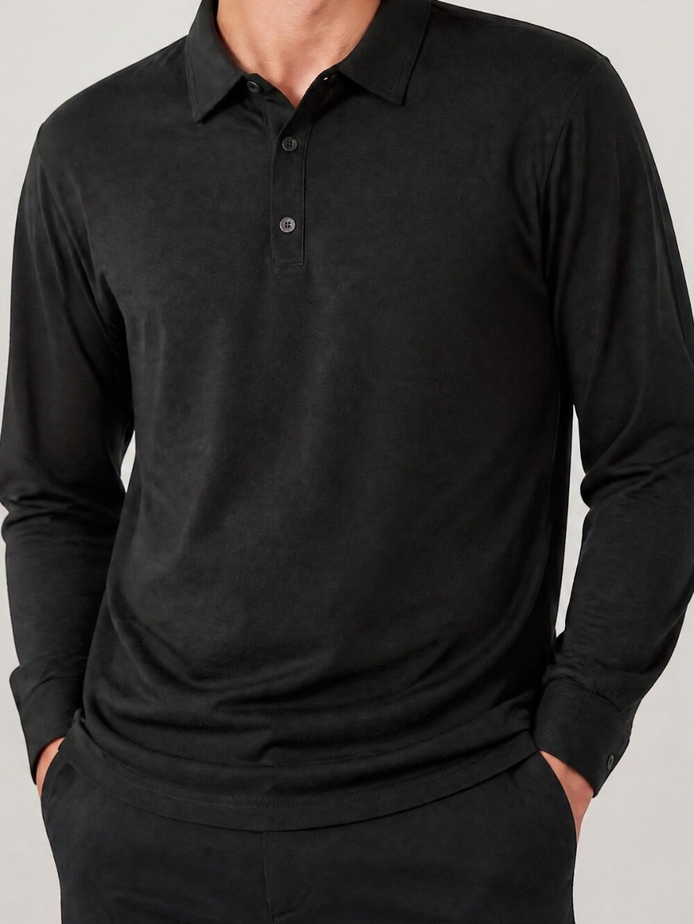 NAADAM Black Long-Sleeve Polo with Button Placket